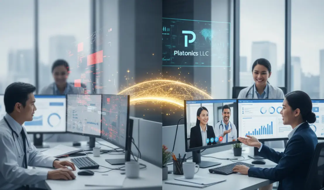 A team of Platonics professionals in the Philippines collaborating on healthcare data, highlighting the company's expertise in healthcare BPO services in the Philippines.