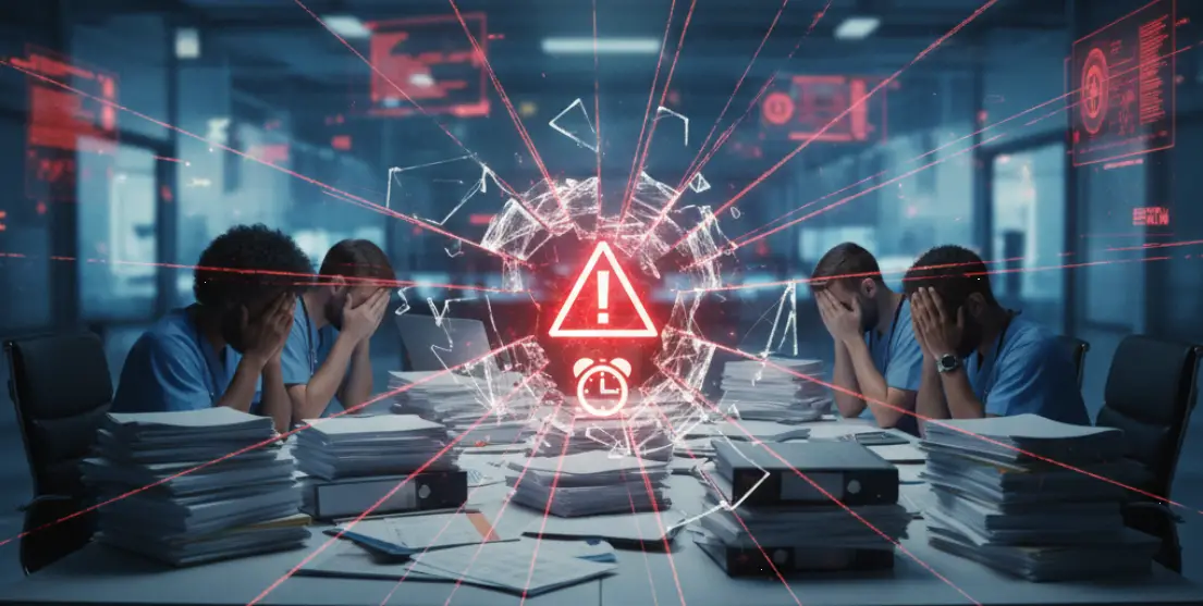 Healthcare professionals overwhelmed with paperwork and a digital crisis alert, illustrating the need for efficient healthcare BPO services in the Philippines.