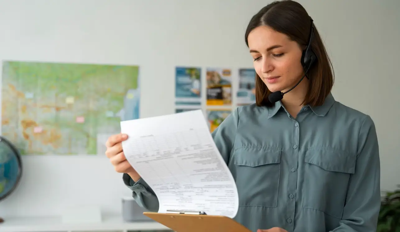 Professional wearing a headset reviewing documents at a desk in an office