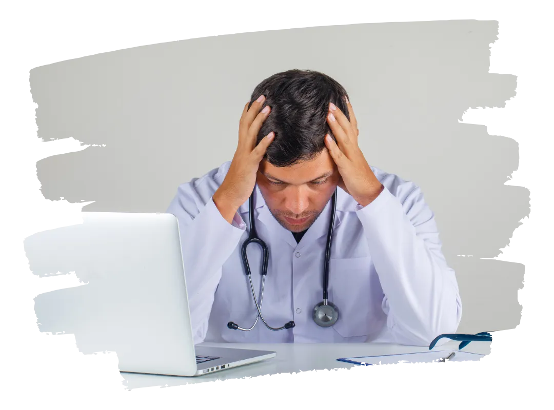 A doctor thinking heavily because he's too busy